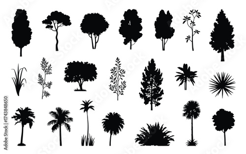 Collection of diverse tree silhouettes scalable vector graphics for landscape design and illustration projects silhouette vector illustration white background