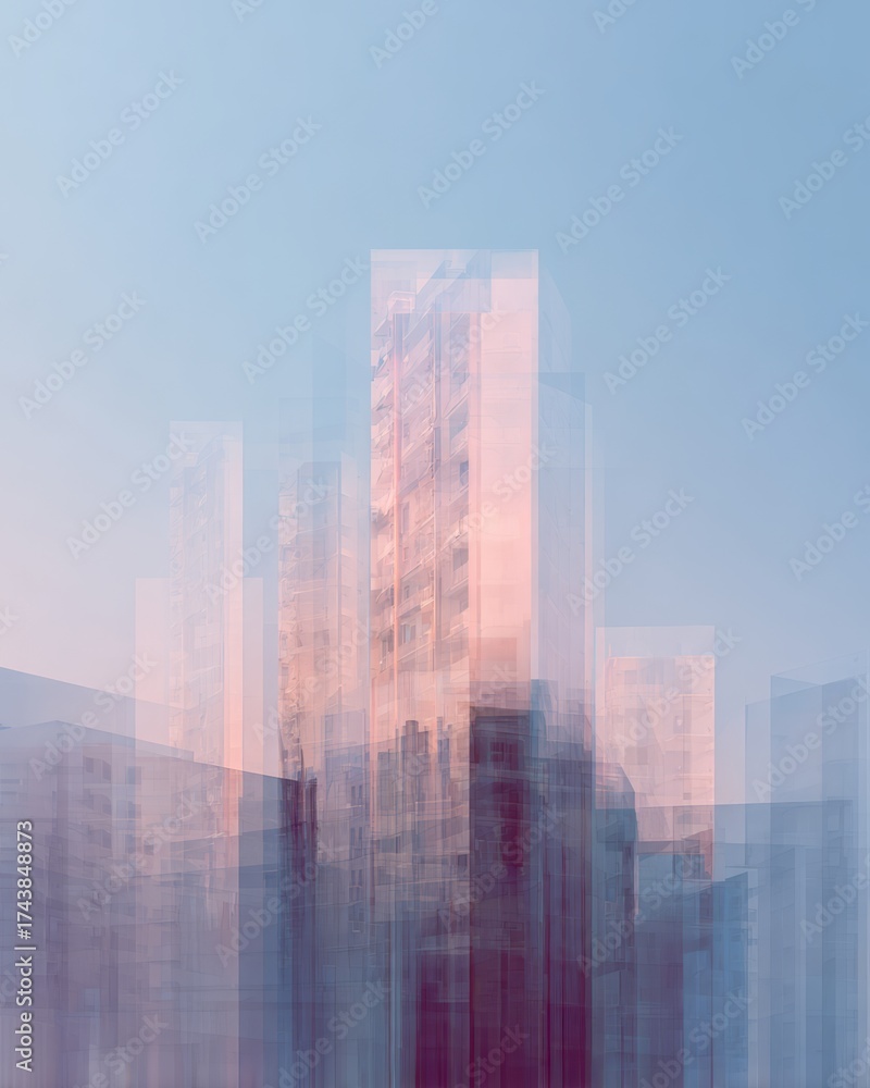 Fototapeta premium Abstract Layered Skyscraper Cityscape in Pastel Blue and Pink. AI generative