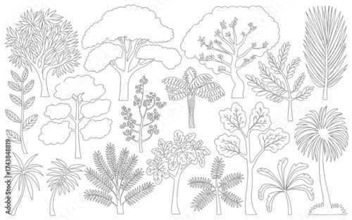 Scalable vector line art illustration of various exotic trees and plants for nature designs silhouette vector illustration white background