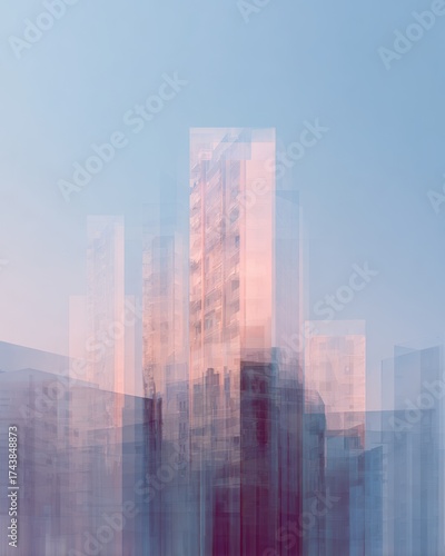 Wallpaper Mural Abstract Layered Skyscraper Cityscape in Pastel Blue and Pink. AI generative Torontodigital.ca