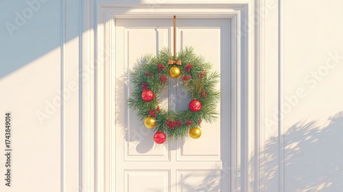 A decorative Christmas wreath hangs on a white door.