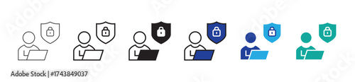 Cybersecurity Data Protection Icons Set. Shield, Lock, Malware, Virus Warning, Secure Database, Authentication, Computer Security, Mobile Safety, Privacy, Threat Alert. Vector Illustration