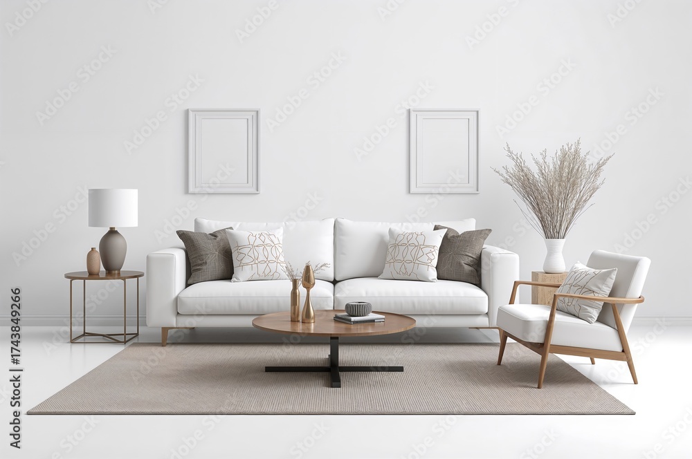 Fototapeta premium Contemporary lounge featuring sofa and cushion artwork