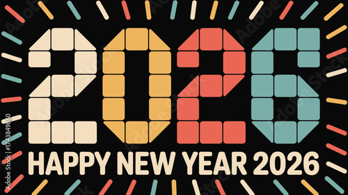 Colorful happy new year 2026 graphic with retro square design on a black background with dashes