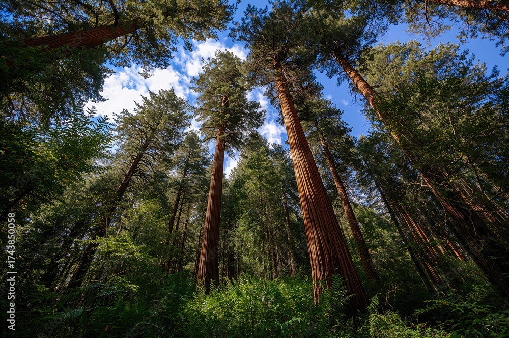 Fototapeta premium Gazing up amidst towering ancient trees