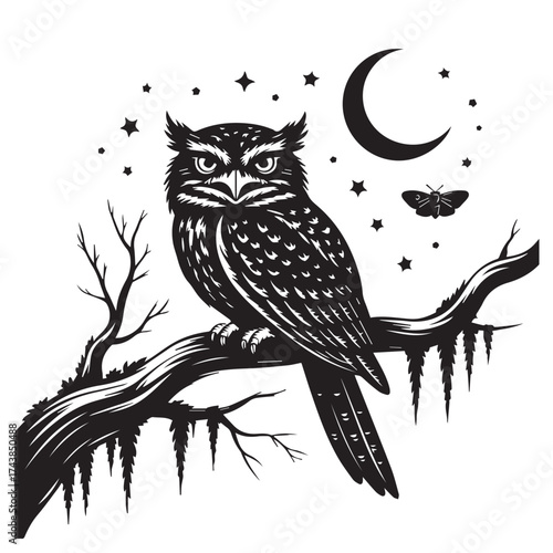 Intricate linocut illustration of a wise owl perched on a bare tree branch under a crescent moon and starry night sky