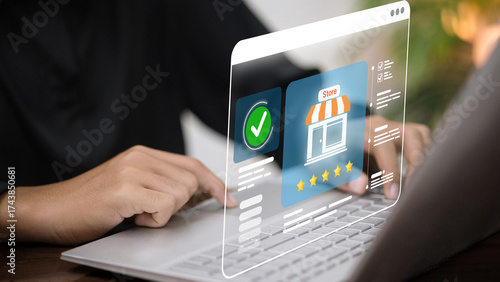 Online Store Verification with Five-Star Reviews on Laptop Screen
