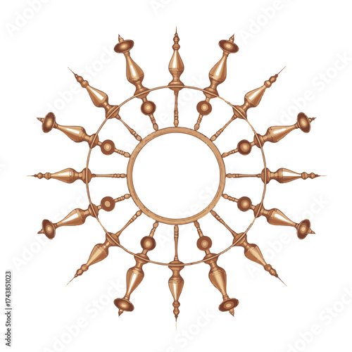 Intricate antique brass metal sunburst mandala ornament with pointed decorative elements and a central circular opening