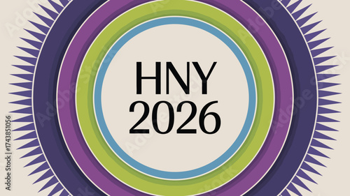 Hny and year two thousand twenty six in concentric circles with decorative outer ring design element