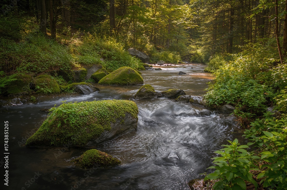 Naklejka premium Vibrant moss covers big rocks next to a clear, gentle creek meandering through a peaceful woodland area.