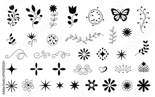 Collection of 32 decorative black and white vector illustrations floral botanical ornaments and flourishes silhouette vector illustration white background