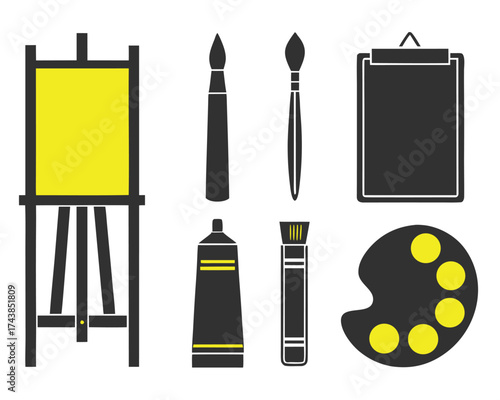 Essential art supplies for creative artists, featuring an easel, canvas, paint brushes, a tube of paint, palette, and clipboard tools.