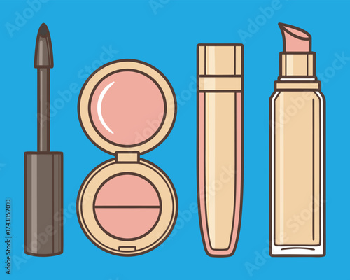 Essential makeup products for a complete beauty routine, featuring mascara, compact powder, lip gloss, and lipstick on a blue background.