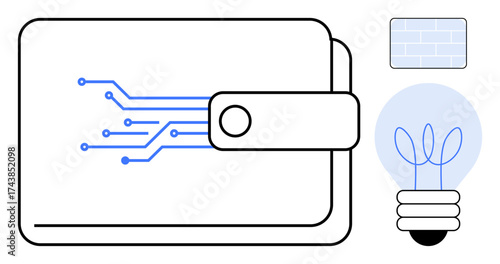 Digital wallet with blue circuit lines, light bulb sprouting leaves, and a rectangle brick design. Ideal for technology, finance, innovation, sustainability, eco-friendly solutions, digital currency