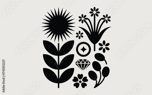 Striking graphic art sticker featuring diverse botanical illustrations and geometric embellishments in vector format silhouette vector illustration white background