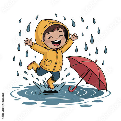 Joyful child in yellow raincoat and boots gleefully jumping in a rain puddle with an umbrella nearby