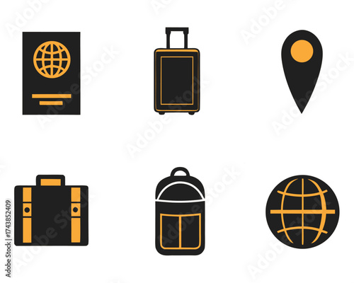 Travel icons including passport, suitcase, backpack, briefcase, location pin, and globe, ideal for global adventure and vacation planning.