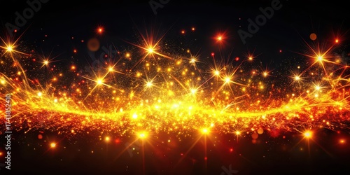 Glowing neon sparks with a yellow and red hue on a black background, creating a mesmerizing effect, glow, futuristic