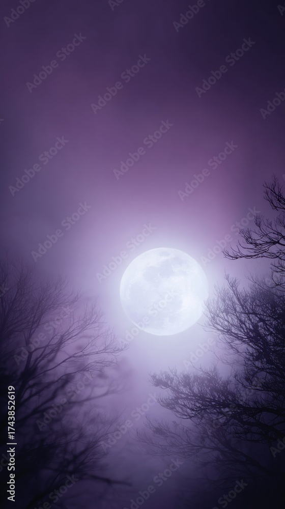 Fototapeta premium Soft blurred background in deep violet and black tones, full moon glow, subtle tree silhouettes, misty air suggesting mystery and calm night, elegant wide copy space.