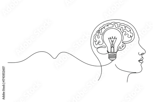 Vector art of continuous line drawing of a brain with light bulb, symbolizing idea and innovation