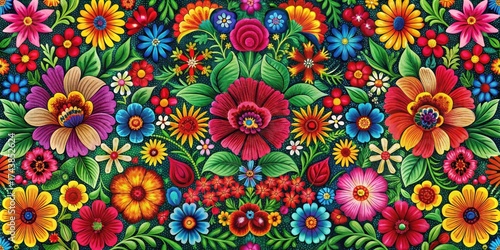 Traditional Mexican floral pattern background with intricate embroidery decoration, featuring a combination of bright colors and delicate designs , textiles, pattern