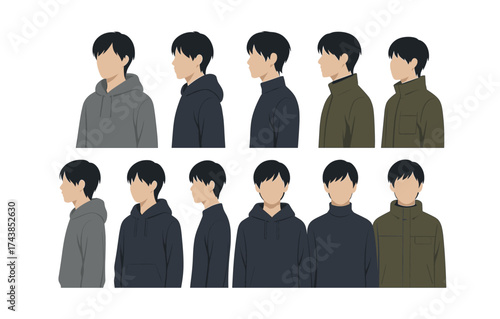 Male fashion silhouette set in profile with various casual outfits