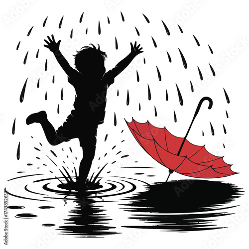 Joyful silhouette of a child splashing in puddles during a rain shower with a red umbrella nearby