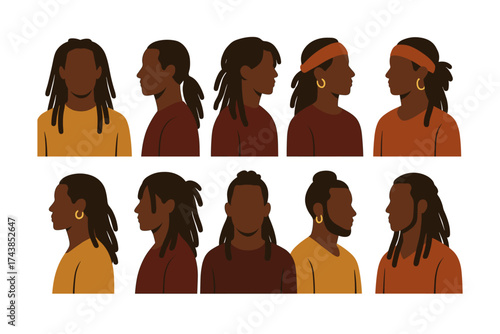 Diverse hairstyles silhouette collection featuring men and women with dreadlocks in profile and frontal views