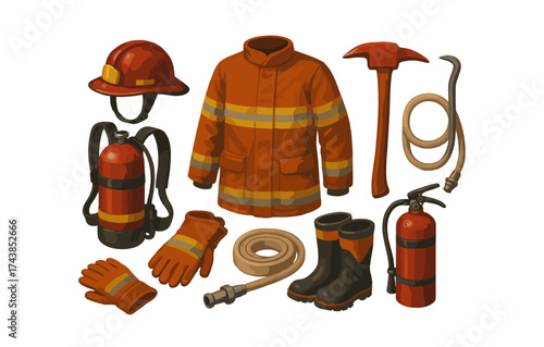 Firefighter equipment set with helmet, jacket, and tools on white background