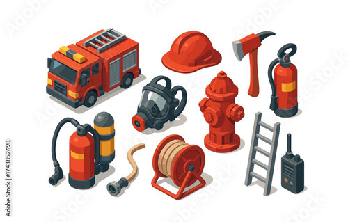 Essential firefighting equipment isometric set for safety and emergency services