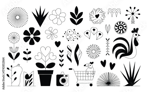 Vector illustration of diverse hand-drawn black and white decorative elements and symbols scalable for design silhouette vector illustration white background