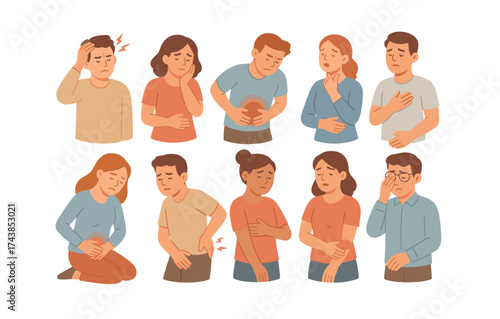 People illustrating various symptoms and discomforts in flat style