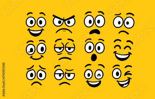 Cartoon emoji faces expressing various emotions on yellow background