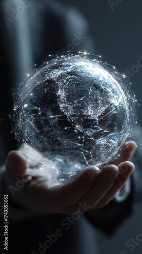 A person holds a glowing digital globe, symbolizing global connectivity and technology, with intricate network lines illustrating data flow.