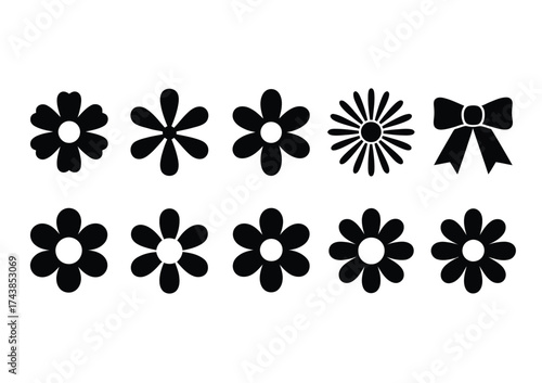 Collection of ten black and white vector flower icons and a bow for scalable graphic design silhouette vector illustration white background