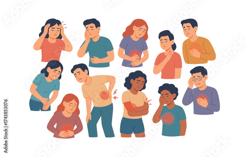 Diverse people illustrating common aches and pains in flat design