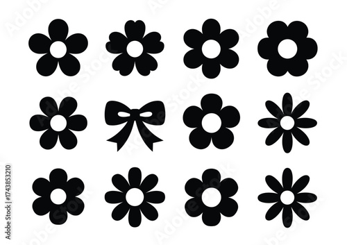 Collection of scalable vector graphics featuring various black floral illustrations and a bow icon silhouette vector illustration white background
