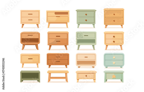 Stylish collection of retro wooden nightstands in pastel and neutral tones