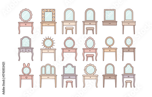 Diverse dressing tables collection in minimalist pastel style