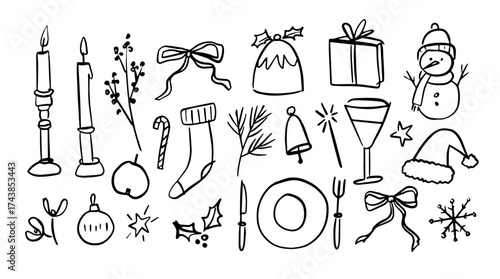 Christmas set of whimsical hand drawn winter icons for greeting cards, party invitations. Cute  coquette doodle style vector illustrations. Food, drink, snowman, gifts. Snowflake, cocktail and ribbon.