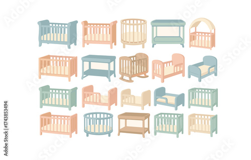 Colorful baby furniture collection: cribs, cradles, and changing tables in pastel tones