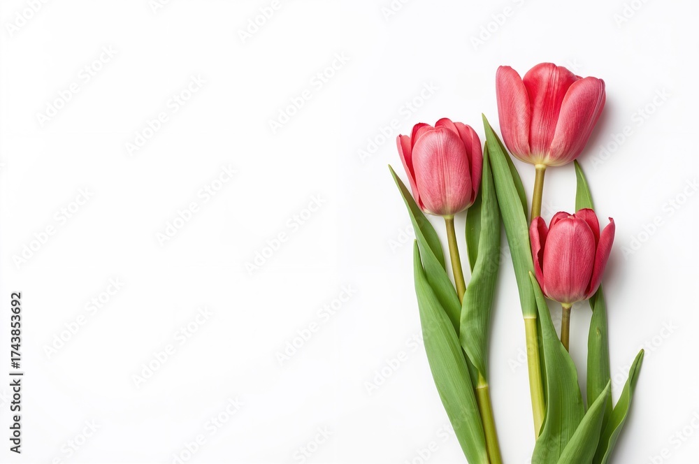 Fototapeta premium Isolated tulip blooms against a white backdrop with room for text