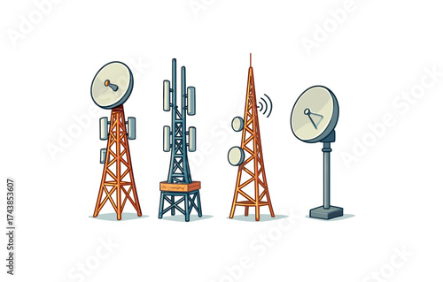 Colorful communication towers set with satellite dishes and antennas