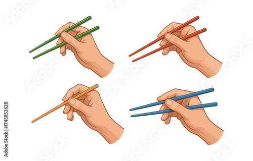 Hand positions with chopsticks in various colors on white background