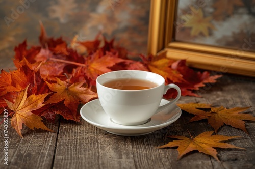 A white ceramic mug filled with tea surrounded by fall maple leaves on a wooden surface. Theme of tranquility and the autumn season.