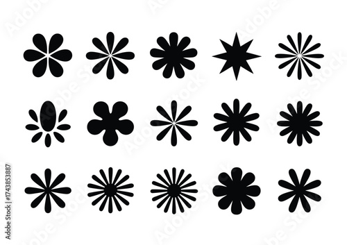 Collection of 15 diverse black floral and starburst vector illustrations for graphic design scalable eps format silhouette vector illustration white background