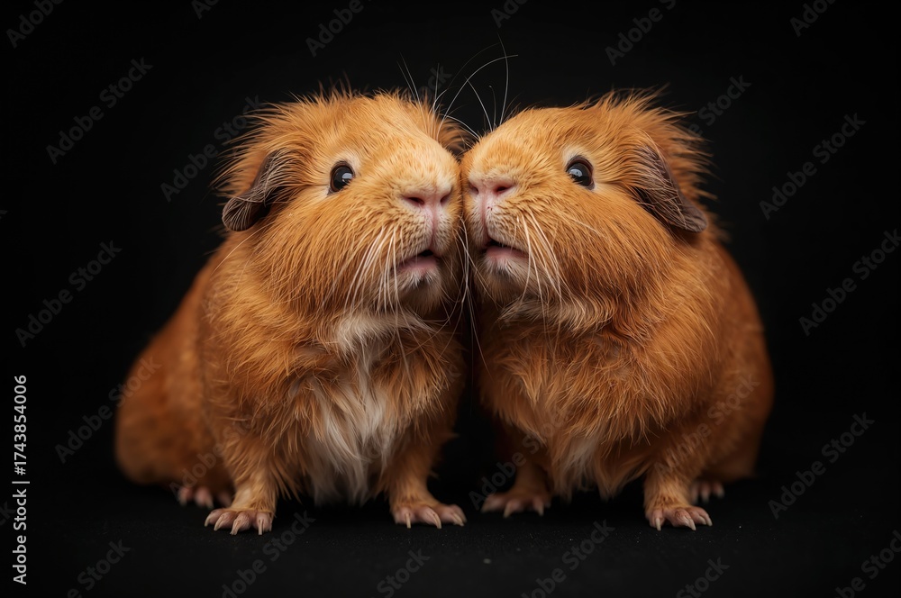 Fototapeta premium Two adorable guinea pigs close together on a dark backdrop, shot from a low angle