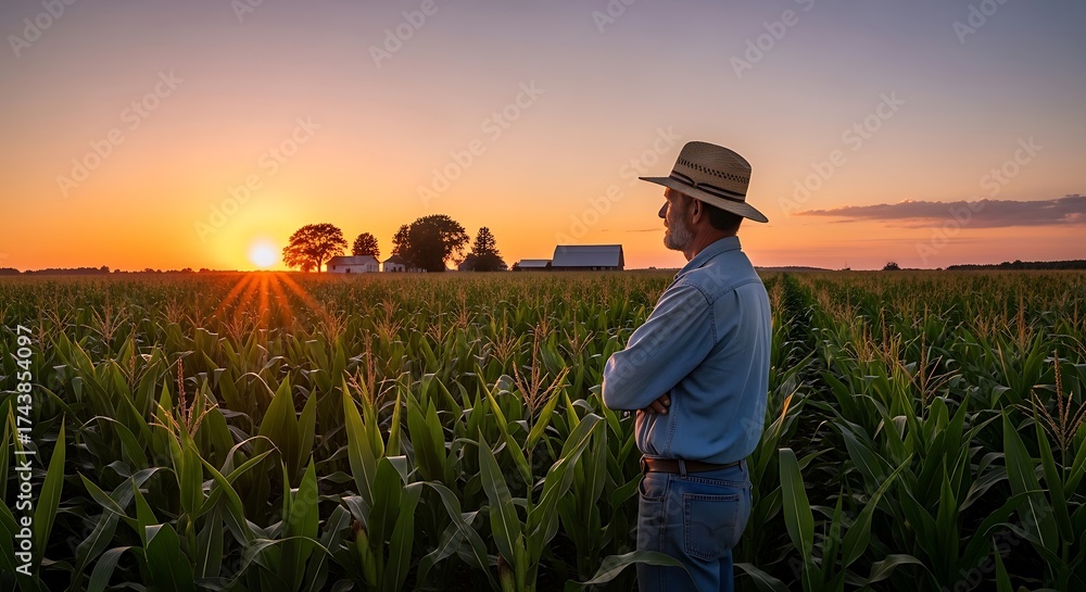 Fototapeta premium Farmer in Cornfield at Sunset.