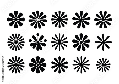 Collection of 16 stylized black flower vector illustrations scalable eps graphics silhouette vector illustration white background