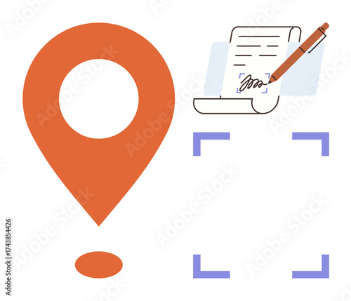 Large orange location marker, document with signature and pen, surrounded by focus brackets. Ideal for geolocation, contracts, e-signatures, documentation, legal efficiency validation. Simple flat
